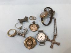 A pair of gold earrings, a gold ladies watch and assorted silver jewellery etc.