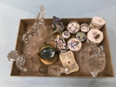 A tray of assorted glassware and enamels etc.