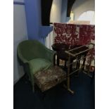A Lloyd Loom chair, three occasional tables and a towel rail etc.