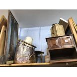 A shelf of assorted, to include a copper scuttle etc.