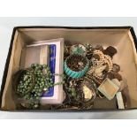 A box of assorted, to include costume jewellery, coins and watches etc.