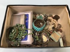 A box of assorted, to include costume jewellery, coins and watches etc.
