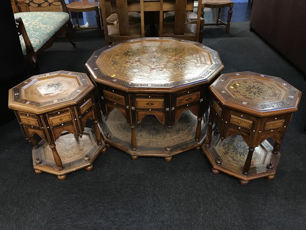 Three heavily inlaid and carved Middle Eastern style occasional tables