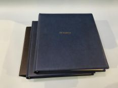 Three stamp albums, Jersey Lindner illustrated and a cover album etc.