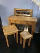 An oak console table, two occasional tables and a mirror