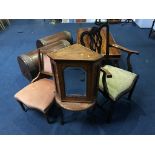 A mahogany armchair, corner cabinet and an oak occasional table etc.