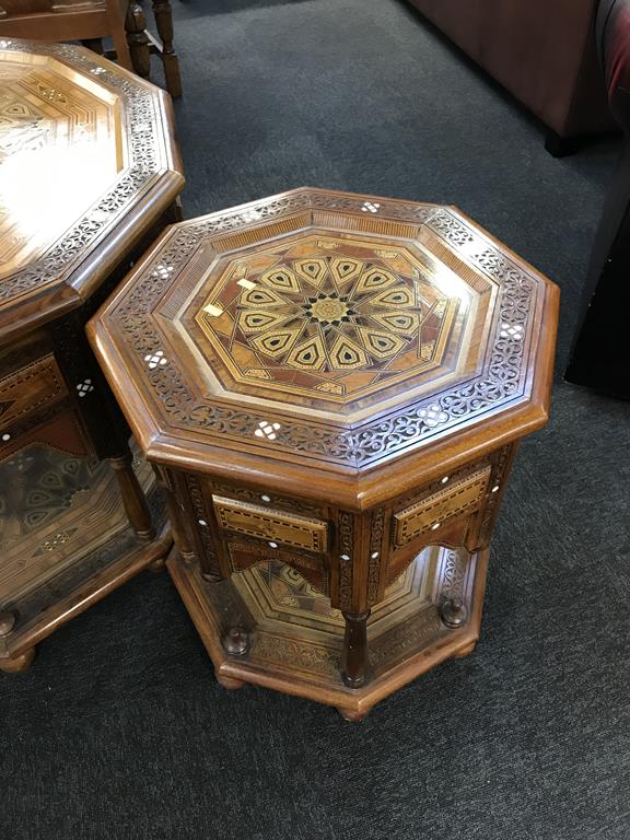 Three heavily inlaid and carved Middle Eastern style occasional tables - Image 2 of 4