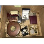 A box of assorted, to include an RAF 'Sweetheart' brooch and a Ronson lighter etc.