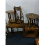 An oak stick stand, occasional tables etc.