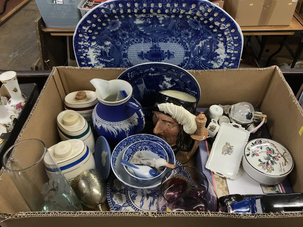 A tray of assorted including Royal Doulton, a meat plate etc.