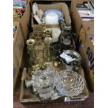Two trays of assorted, to include brass candlesticks, Wedgwood, Commemorative wares etc.