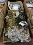 Two trays of assorted, to include brass candlesticks, Wedgwood, Commemorative wares etc.