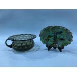 A Whitefriars glass chamber pot and a Millefiori oblong glass dish