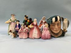 Seven Royal Doulton figures, a character jug and a cat (9)