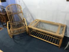 A bamboo rocking chair and coffee table