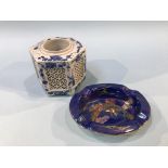 A Maling ashtray and a Chinese blue and white brush pot, with pierced fretwork and an octagonal