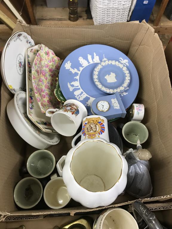 Two trays of assorted, to include brass candlesticks, Wedgwood, Commemorative wares etc. - Image 3 of 3