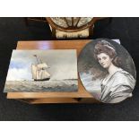 A watercolour, seascape and a tinted print portrait of a Lady