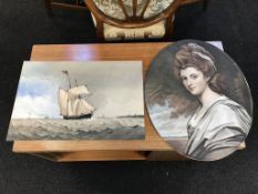A watercolour, seascape and a tinted print portrait of a Lady