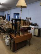 A drop leaf table, lamp and chair etc.