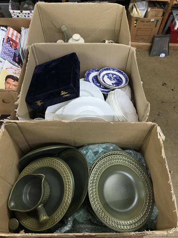 Three boxes of assorted, including a Wedgwood dinner service