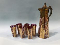 A Bohemian glass decanter, with enamelled and gilt decorations and six beakers