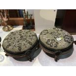 A pair of Victorian walnut circular and beadwork footstools, 31cm diameter