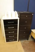 Two modern chest of drawers and a pair of bedside shelves