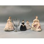 Wedgwood commemorative glass and four Doulton figures