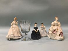 Wedgwood commemorative glass and four Doulton figures