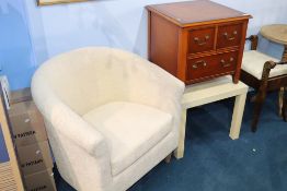 A tub chair, table and yew wood chest