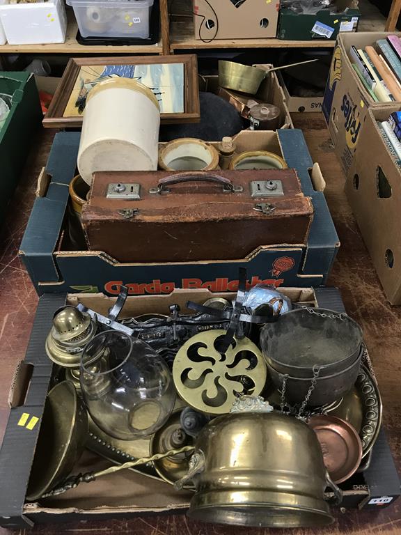 Three boxes of assorted, to include brass ware and scales etc.