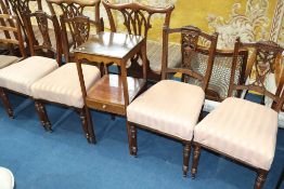 Four Edwardian chairs and a two tier stand
