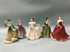A Royal Grafton figure and four Royal Doulton ladies