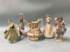 A Hammersley jug, two Lladro and two Doulton figures