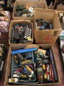 Four boxes of Die Cast toys and railway items etc.