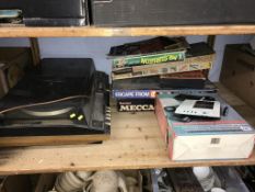 A shelf of assorted, to include a vintage hifi
