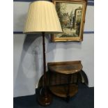 An oak half moon side table and a standard lamp