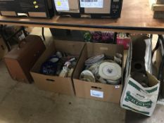A sewing machine and three boxes of mixed china