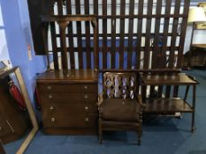 A half moon table, oak chest of drawers and trolley etc.