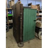 A pine four door cabinet, a metal cabinet and a pine green cabinet