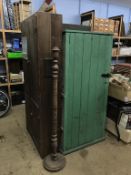 A pine four door cabinet, a metal cabinet and a pine green cabinet