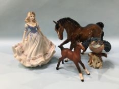A Beswick Kingfisher, two Beswick horses and a Coalport figure 'First Love'