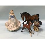 A Beswick Kingfisher, two Beswick horses and a Coalport figure 'First Love'