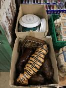 A box of wooden items and a box of Denby 'Greenwheat' china