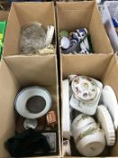 Four boxes containing glassware, Evesham ware and blue and white china etc.
