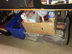 Five boxes of toys, records, glass and books etc.