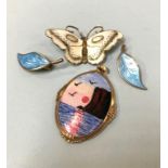 A pair of David Anderson silver enamel earrings, a butterfly brooch and a pendant