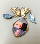 A pair of David Anderson silver enamel earrings, a butterfly brooch and a pendant