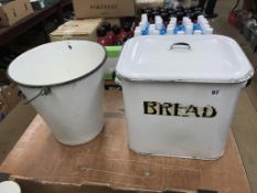 An enamel bread bin and bucket